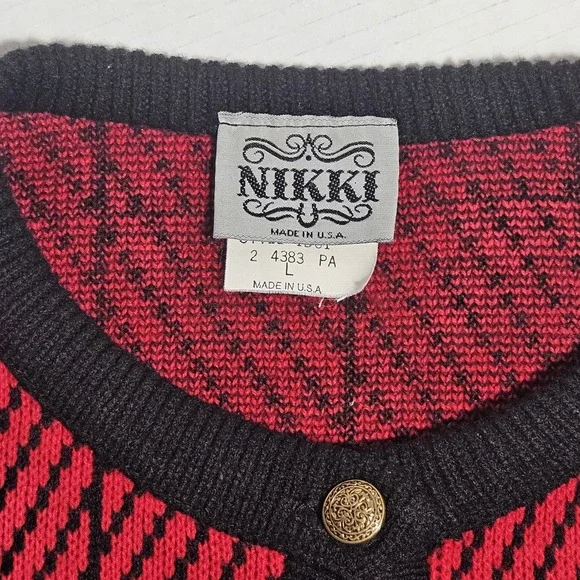 Womens L Made In USA 100% Acrylic Sweater Button Front Cardigan Vintage Red Blk - Picture 2 of 8